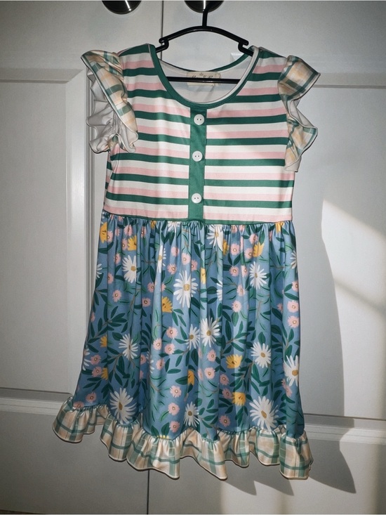 Marie Nicole Clothing Other - Girls Blue Floral & Green Stripe Ruffle Dress